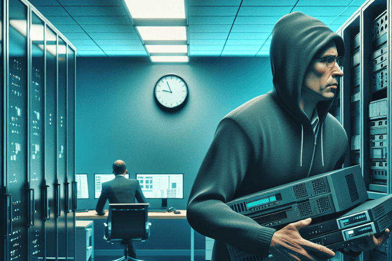 Hooded figure exiting a computer room with stolen tech equipment, illustrating the physical side of cybersecurity risks for businesses