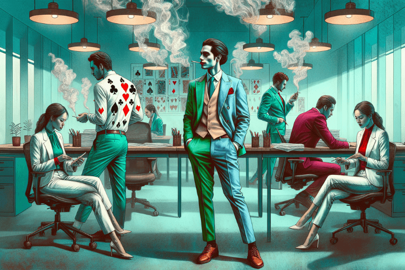Staff dressed as jokers enjoying refreshments in a workplace, representing how low awareness leads to cybersecurity risks for businesses.