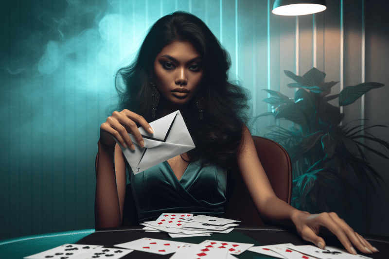Woman holding a suspicious email while seated with playing cards in a smoky room, showing how phishing scams contribute to cybersecurity risks for businesses.