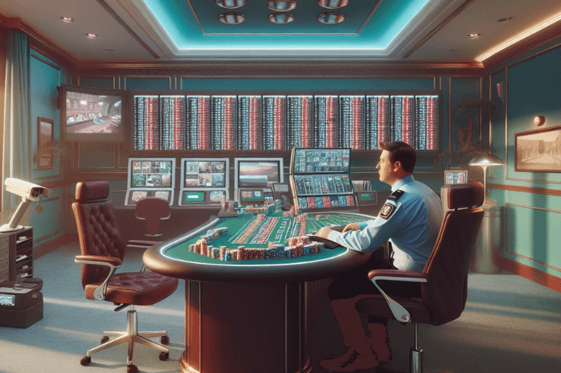 Security manager lounging on a roulette table inside a casino control room, representing how physical vulnerabilities add to cybersecurity risks for businesses.