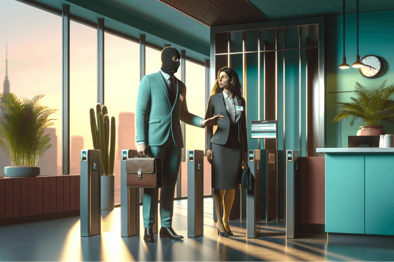 Man in a hoodie leaving a corporate lobby with a colleague, highlighting insider threats in a business setting