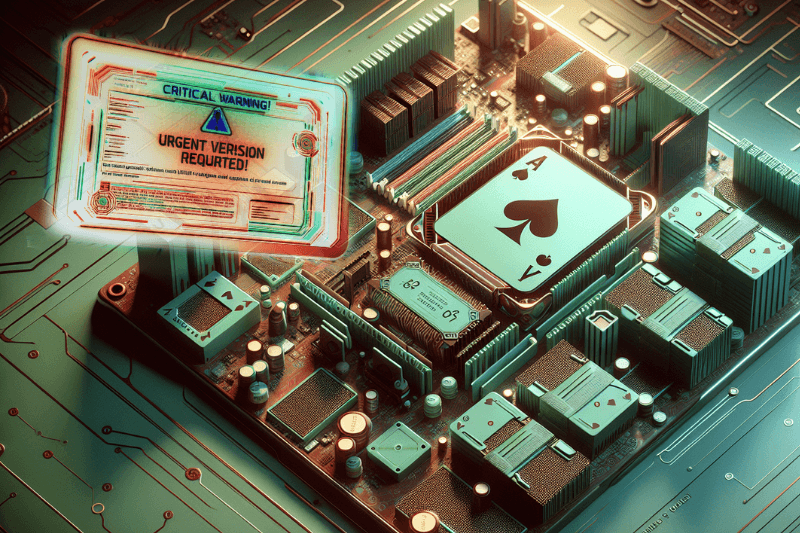 Close-up of a corroded computer chip resembling a playing card labeled "out of date," symbolizing unpatched systems