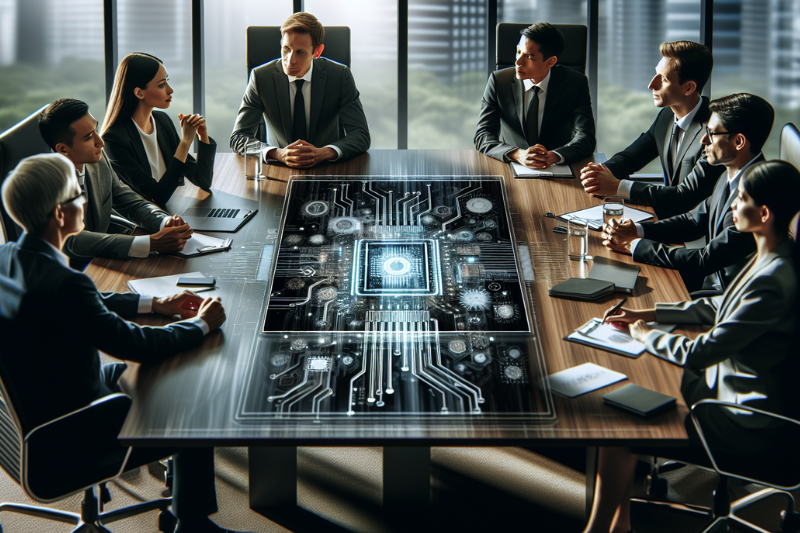 Executives in suits seated around a circuit-board-themed table, portraying regulatory and legal responsibilities in cybersecurity
