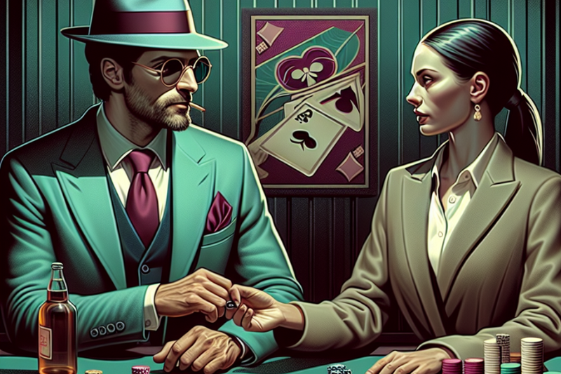 Shady man in sunglasses and hat speaking to a woman at a gaming table, symbolizing manipulative tactics contributing to cybersecurity risks for businesses.