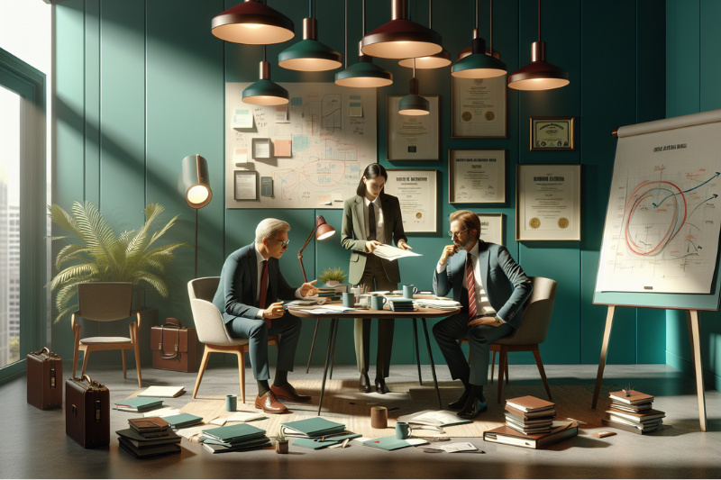Two businesspeople reviewing chaotic piles of documents, highlighting the importance of proactive cybersecurity strategies