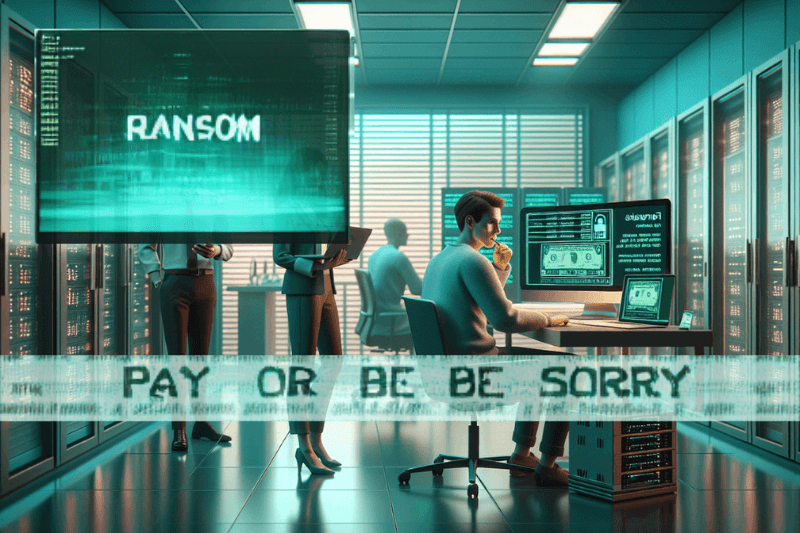Cybersecurity command center with a large screen displaying a ransomware demand, depicting how ransomware increases cybersecurity risks for business